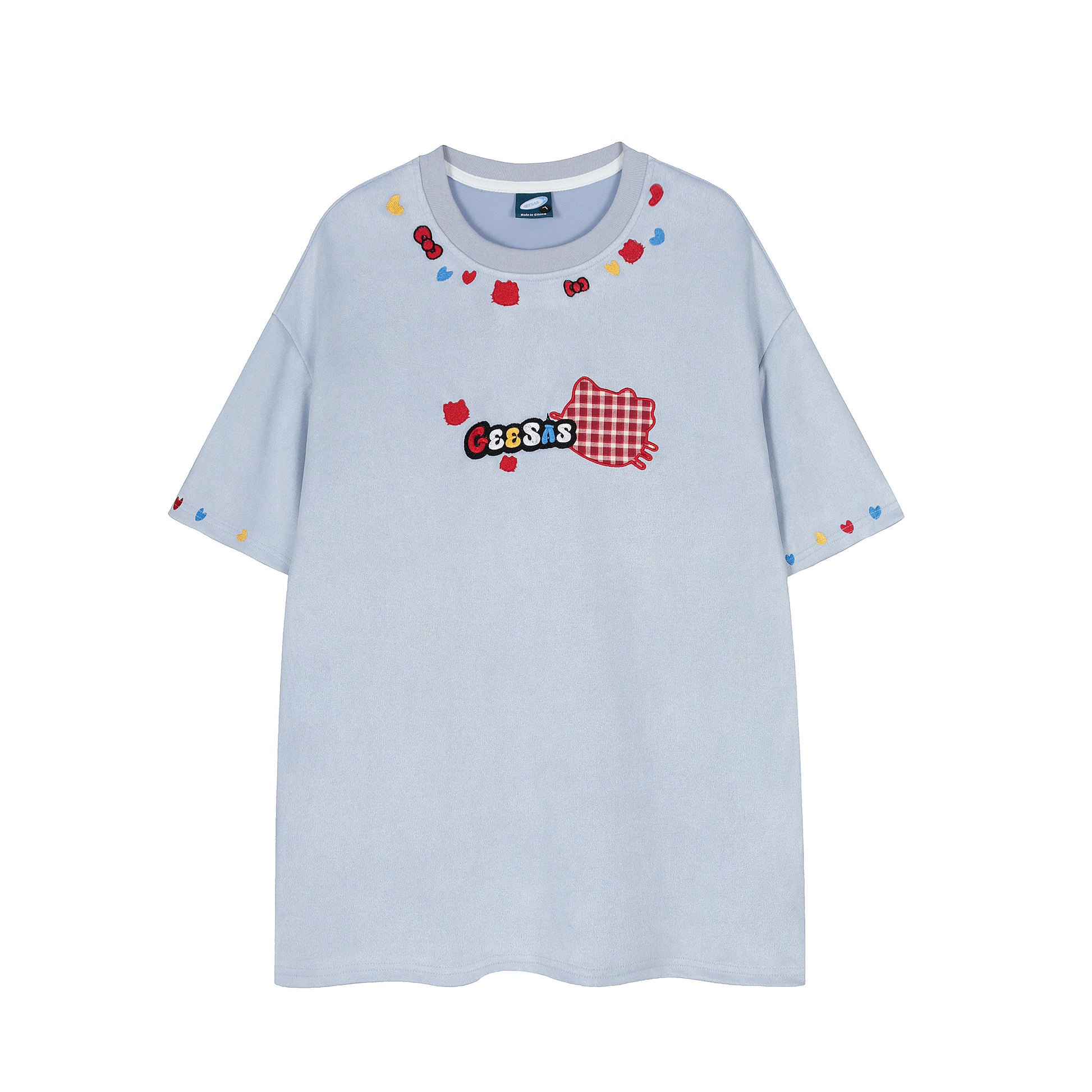 Geesas plaid cat graphic tee light blue - back