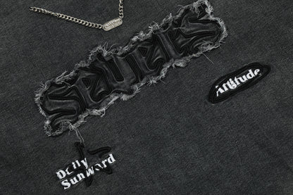 Oversized Washed Graphic Chain Embroidery Crewneck Short Sleeve Tee Streetwear Hip Hop Casual Summer T-Shirt
