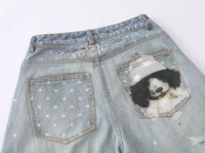 3D Plush Bear Peek Hole Denim Shorts Star Print Distressed High Waist Casual Streetwear Baggy Jean Shorts | Peek Bear