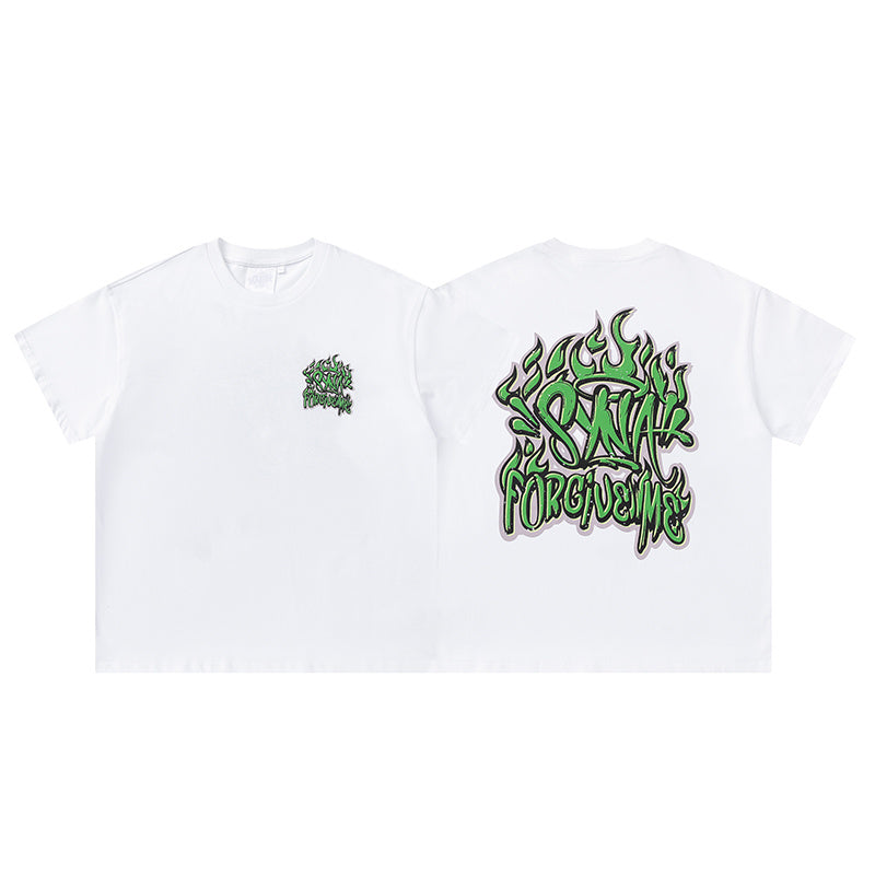 White crew neck graphic T-shirt with small green chest graphic and large graffiti-style back print - view 11