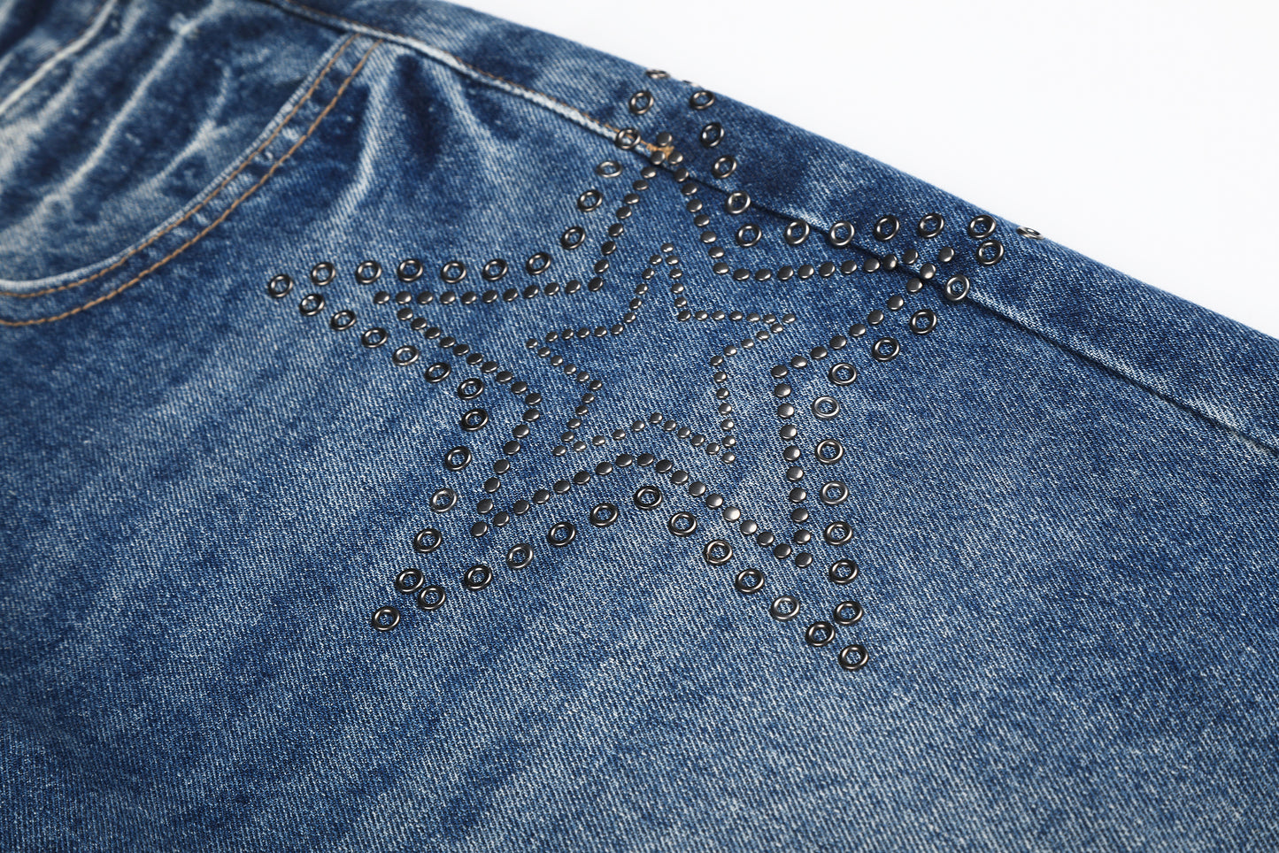Women's Star Embroidery Rhinestone Distressed Wide Leg Jeans High Waist Ripped Casual Streetwear Denim Pants