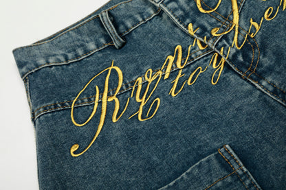 Women's RyntFeng Toysen Gold Script Floral Embroidery Balloon Wide Leg Denim Jeans High Waist Y2K Streetwear Baggy Jean Pants