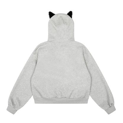 Cat Rivet 3D Cat Ear Rivet Zip Up Hoodie Oversized Streetwear Y2K Egirl Grunge Fleece Lined Sweatshirt | Cat Rivet