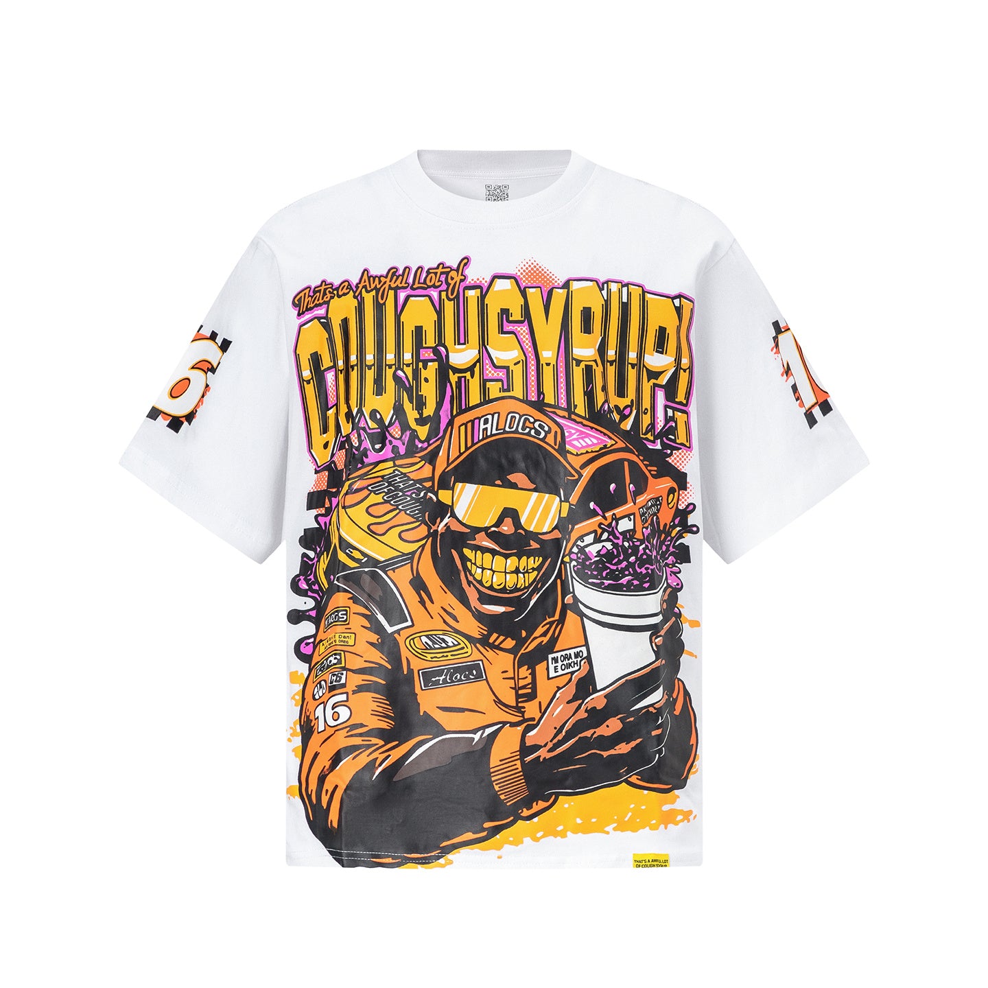 White unisex graphic T-shirt with colorful racing car print on the front and back - view 11