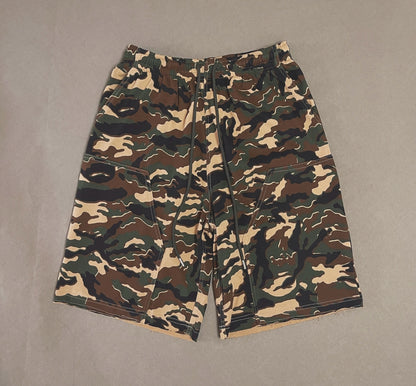 Tribal camo-printed denim shorts