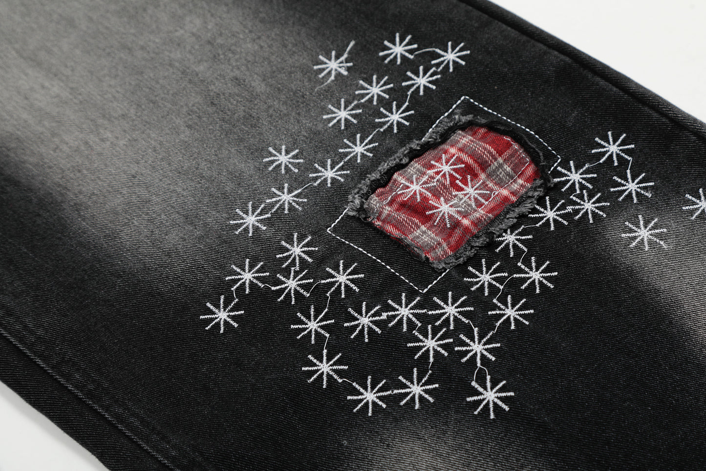Red Plaid Patch Star Embroidery Wide Leg Jeans Washed Denim Patchwork Baggy Y2K Streetwear