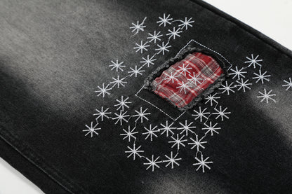 Red Plaid Patch Star Embroidery Wide Leg Jeans Washed Denim Patchwork Baggy Y2K Streetwear