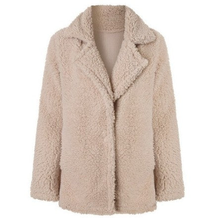 Women's plush jacket solid color winter coat front open long sleeve lapel imitation wool coat women's winter coat elegant women's coat