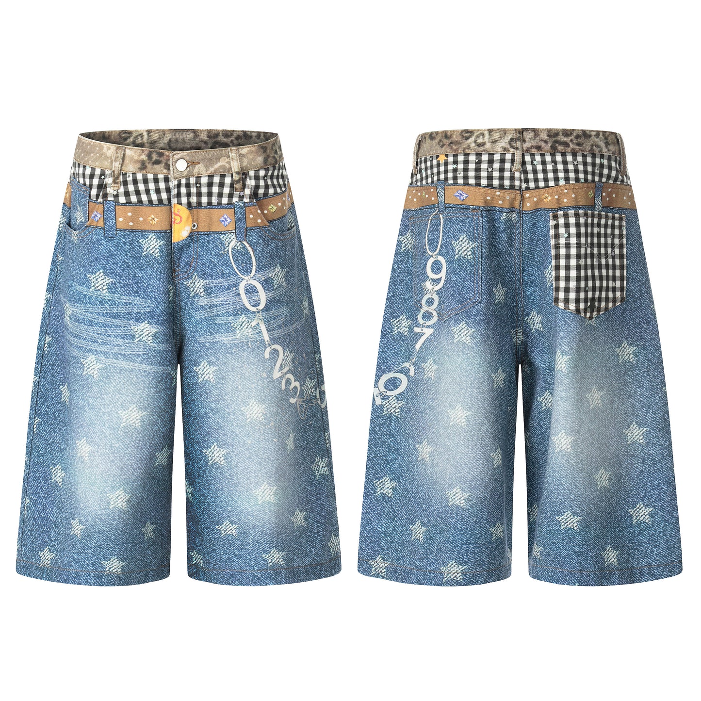 Women's Leopard Gingham Patchwork Star Print Wide Leg Denim Shorts - Skirt Style View