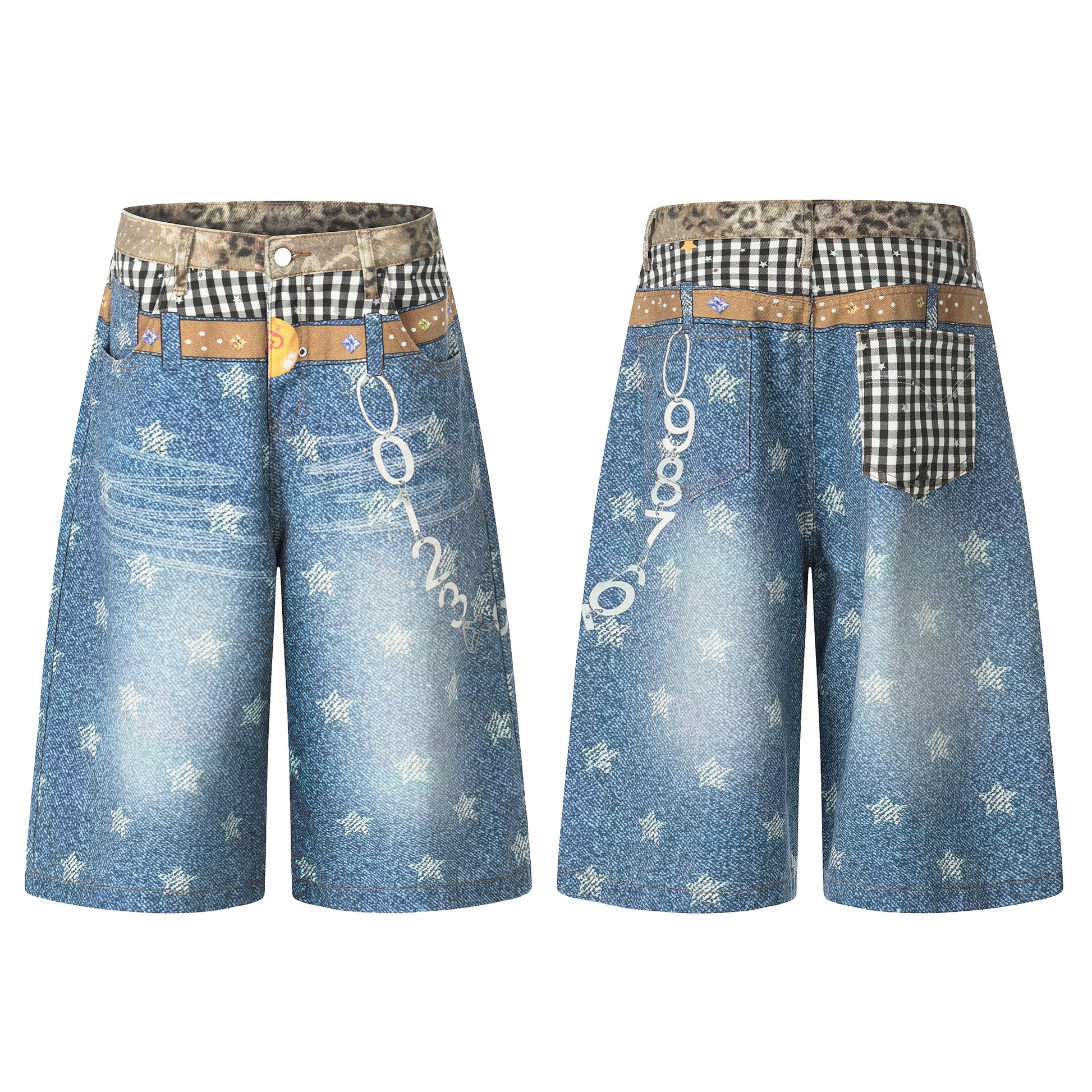 Women's Leopard Gingham Patchwork Star Print Wide Leg Denim Shorts - Skirt Style View