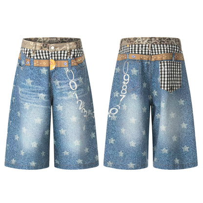 Women's Leopard Gingham Patchwork Star Print Number Embroidery High Waist Wide Leg Denim Shorts Y2K Streetwear Bermuda Jean Shorts