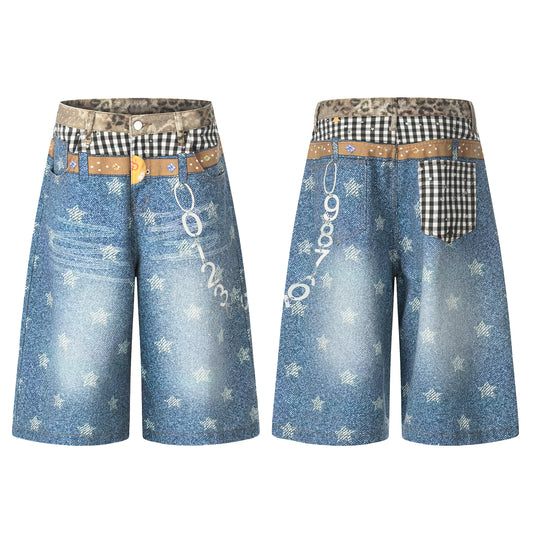 Women's Leopard Gingham Patchwork Star Print Wide Leg Denim Shorts - Skirt Style View