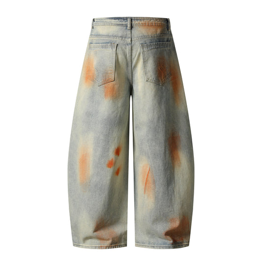 Tie Dye Orange Splash Wide Leg Baggy Jeans Washed Denim High Waist Streetwear Y2K Casual Pants