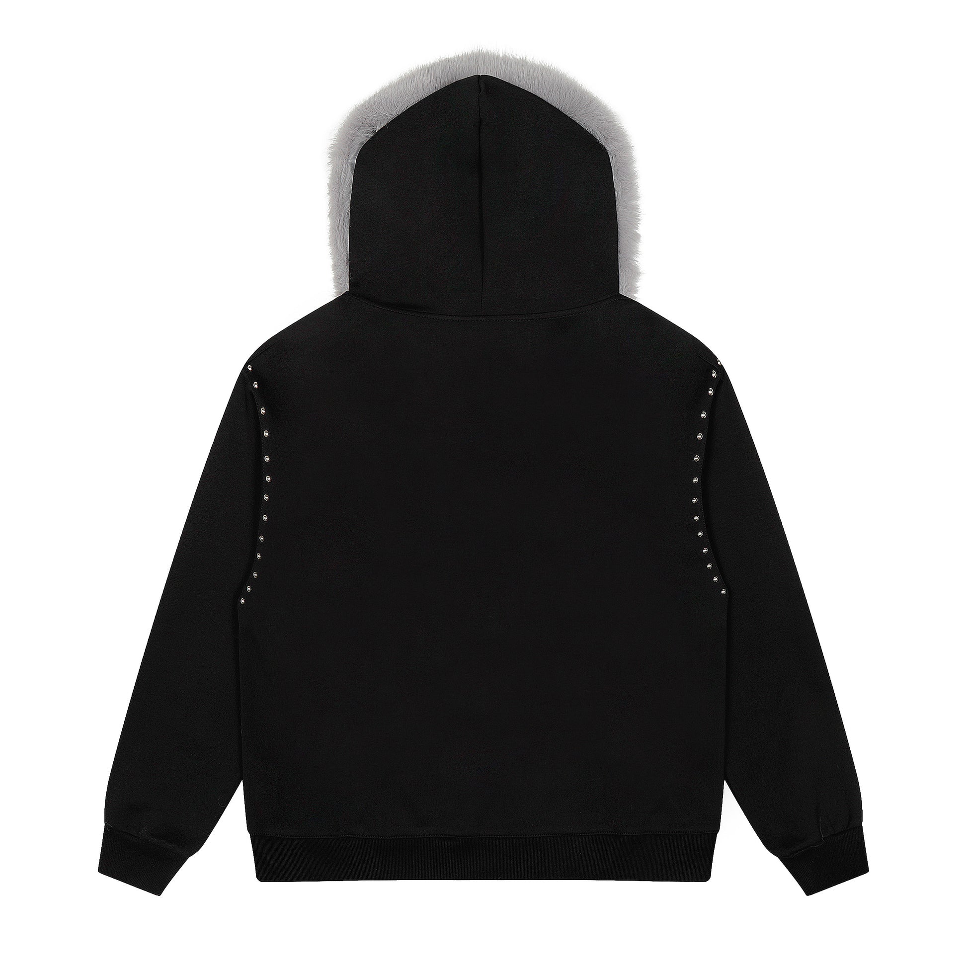 Faux Fur Hood Studded Half Zip Hoodie - Black Front