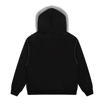 Faux Fur Hood Trim Studded Half Zip Hoodie Metal Badge Oversized Streetwear Y2K