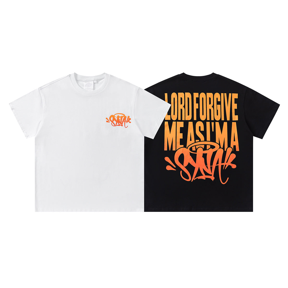 Black SATTAK unisex crew neck T-shirt with orange chest and large back graphic - view 11