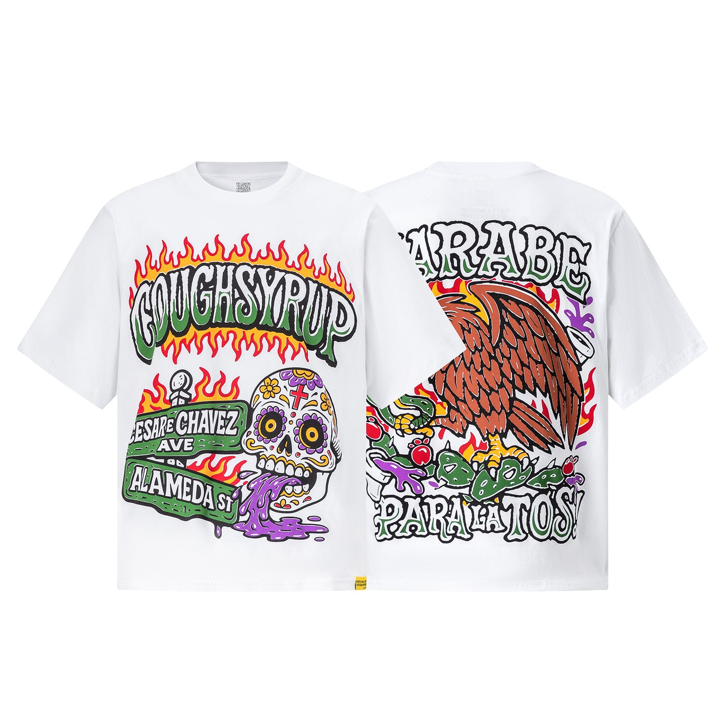 White graphic t-shirt with colorful flaming skull, street signs, and eagle back print - view 11