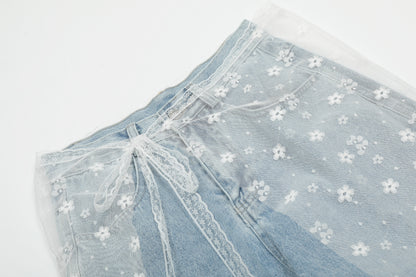 Women's Lace Belt Floral Print Patchwork Lace Ripped Wide Leg Jeans High Waist Y2K Vintage Wash Denim Trousers