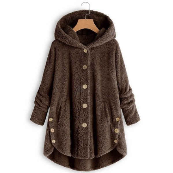 Qeaghou Thick Winter Coats for Women Causal Cute Sherpa Coats Fuzzy Fleece Warm Coats Button Down Long Sleeve Hooded Coat