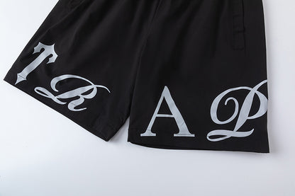 Unisex Graphic Drawstring Shorts, Elastic Waist Pockets, Casual Streetwear