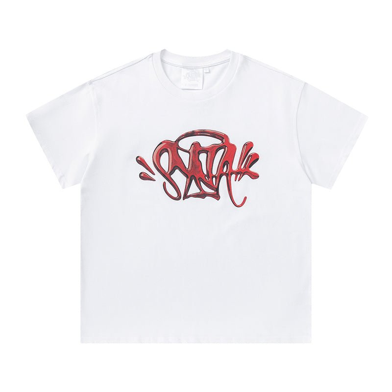 Black short sleeve crew neck T-shirt with light blue graffiti-style chest graphic - view 11