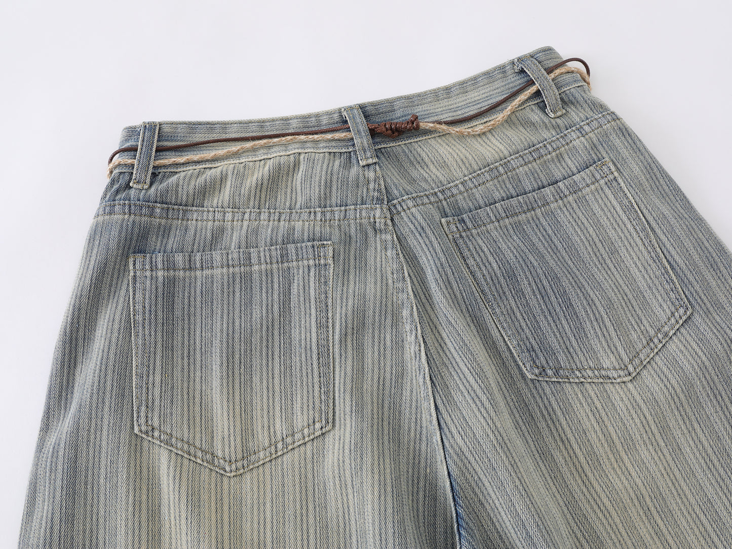 Stripe Texture Balloon Wide Leg Jeans Braided Rope Belt Wooden Bead High Waist Baggy Denim Pants Vintage Streetwear Trousers | Bead Rope