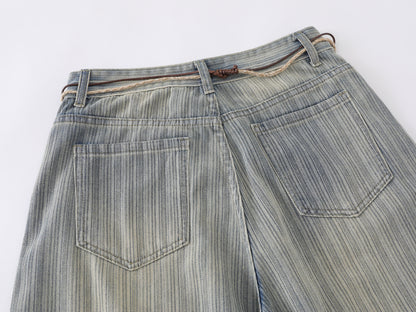 Stripe Texture Balloon Wide Leg Jeans Braided Rope Belt Wooden Bead High Waist Baggy Denim Pants Vintage Streetwear Trousers | Bead Rope