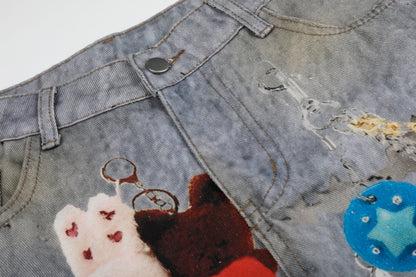 Women's Plush Doll Charm Chain Distressed Ripped Wide Leg Denim Jeans High Waist Beaded Y2K Streetwear Baggy Jeans
