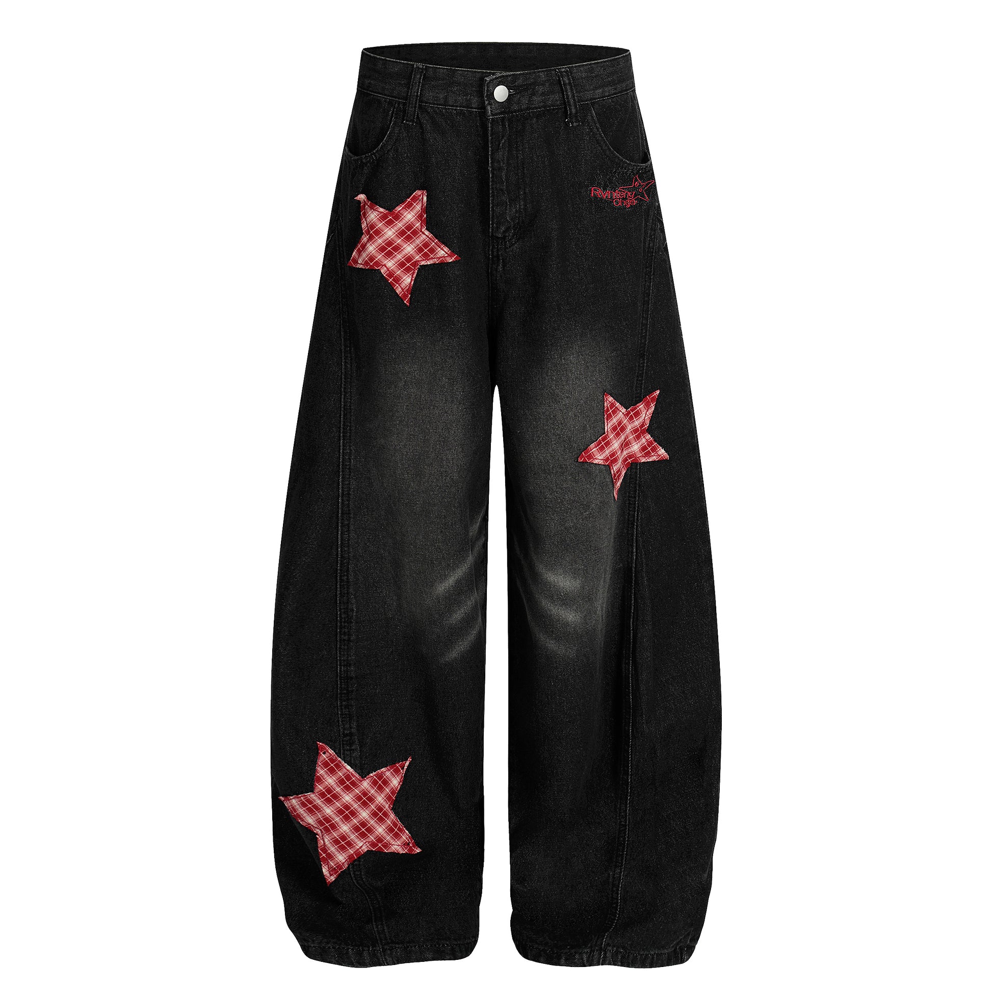 Women's Rvnteng Plaid Star Patch Balloon Wide Leg Denim Jeans - Black Back View