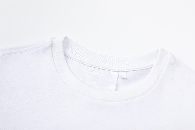 White crew neck short sleeve graphic T-shirt with small blue chest graphic - view 11