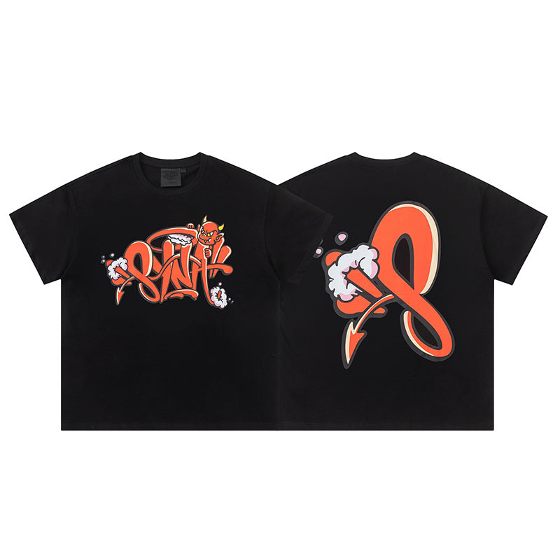 Black crew neck short sleeve graphic T-shirt with orange graffiti-style front print - view 11