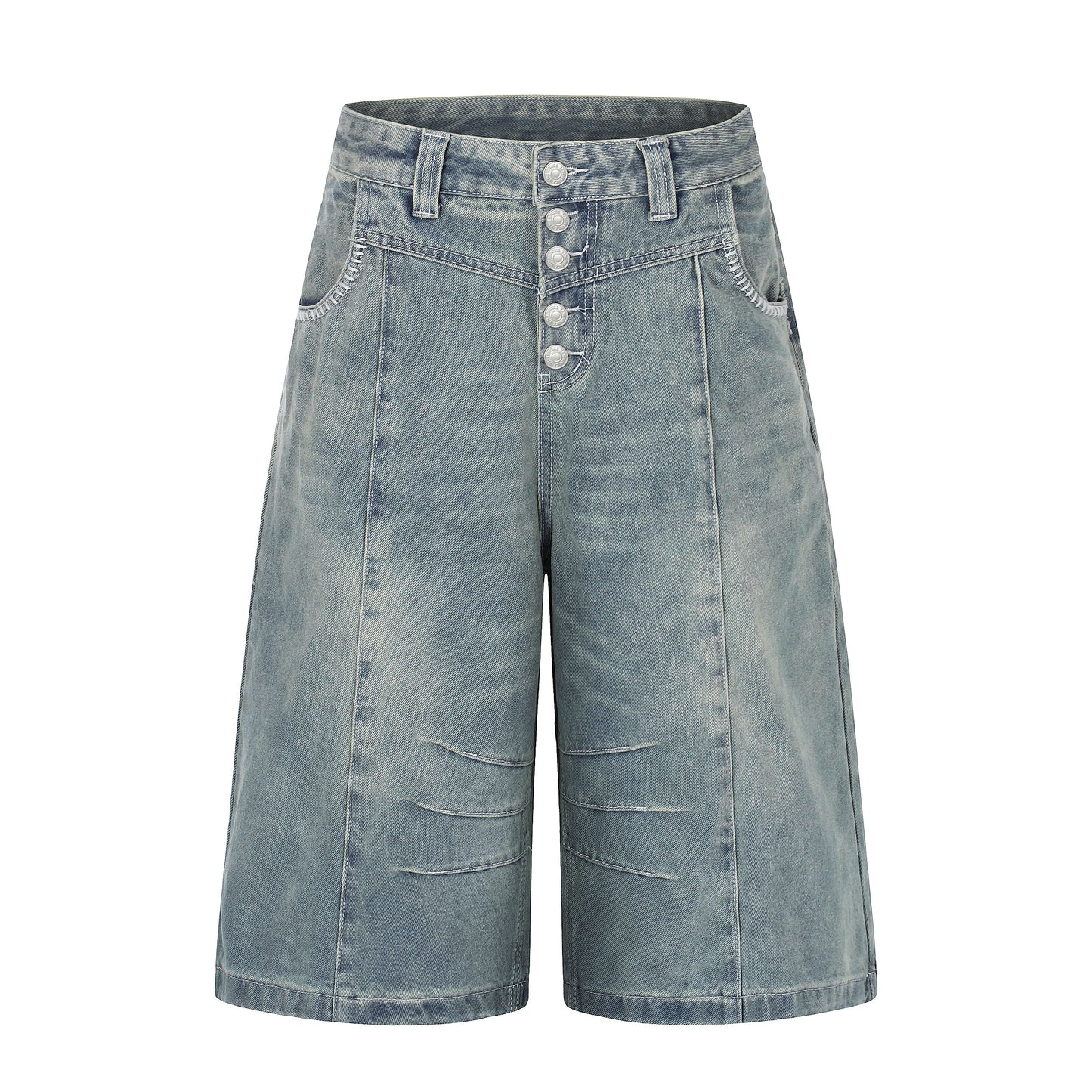 Women's Contrast Stitch 5-Button High Waist Wide Leg Denim Shorts Distressed Bermuda Y2K Streetwear Jean Shorts