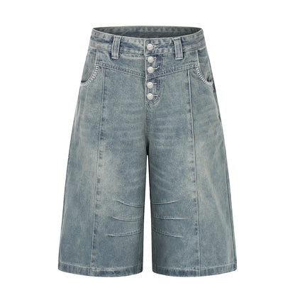 Women's Contrast Stitch 5-Button High Waist Wide Leg Denim Shorts Distressed Bermuda Y2K Streetwear Jean Shorts