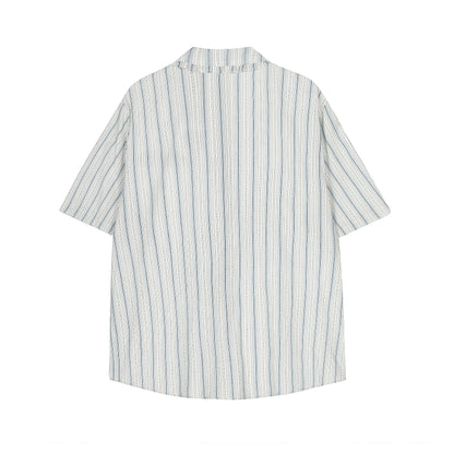 Stripe Fringe Collar Linen Cotton Short Sleeve Shirt Oversized Button Down Leather Buckle Detail Casual Summer Top | Fringe Stripe