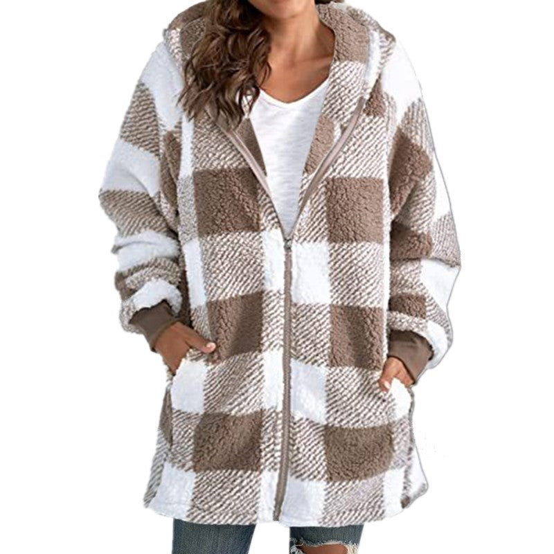 Europe and America plush women's outer 2024 new Amazon long sleeve plaid hooded zipper pocket loose outer