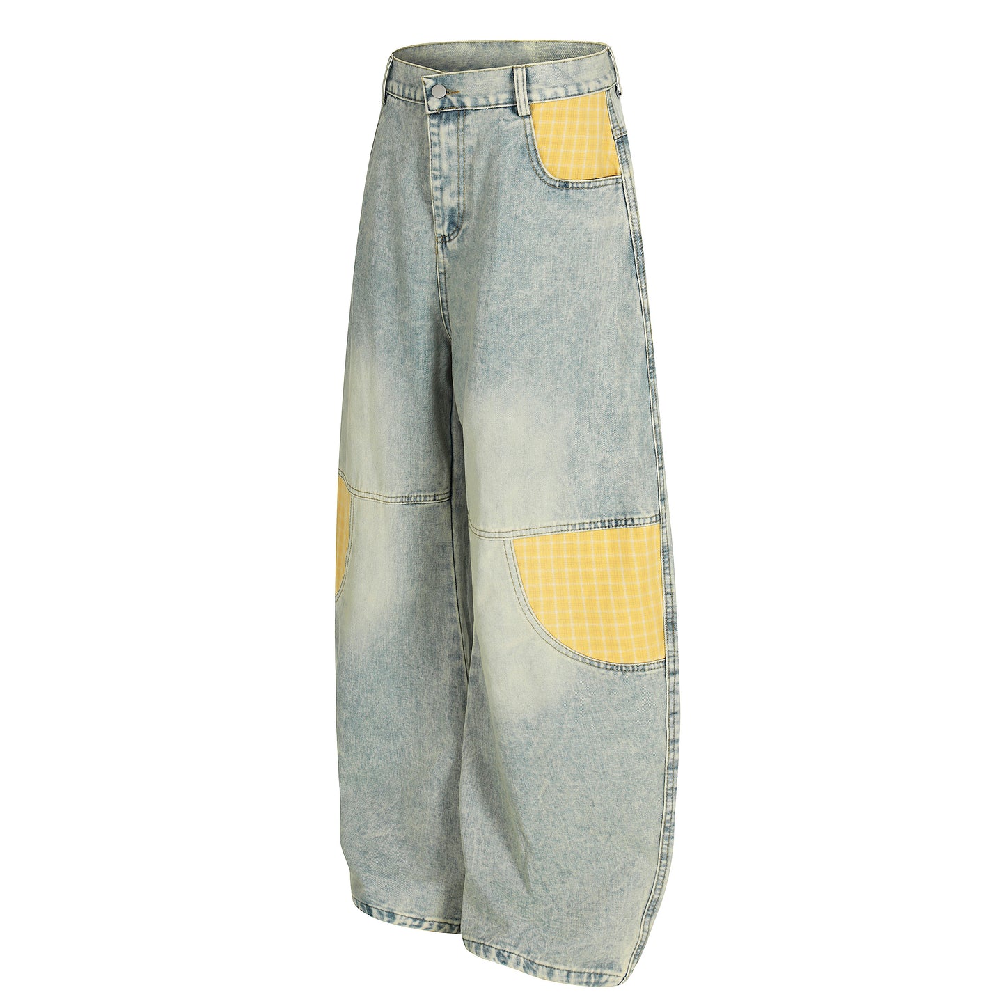 Yellow plaid patchwork wide leg denim jeans - side view