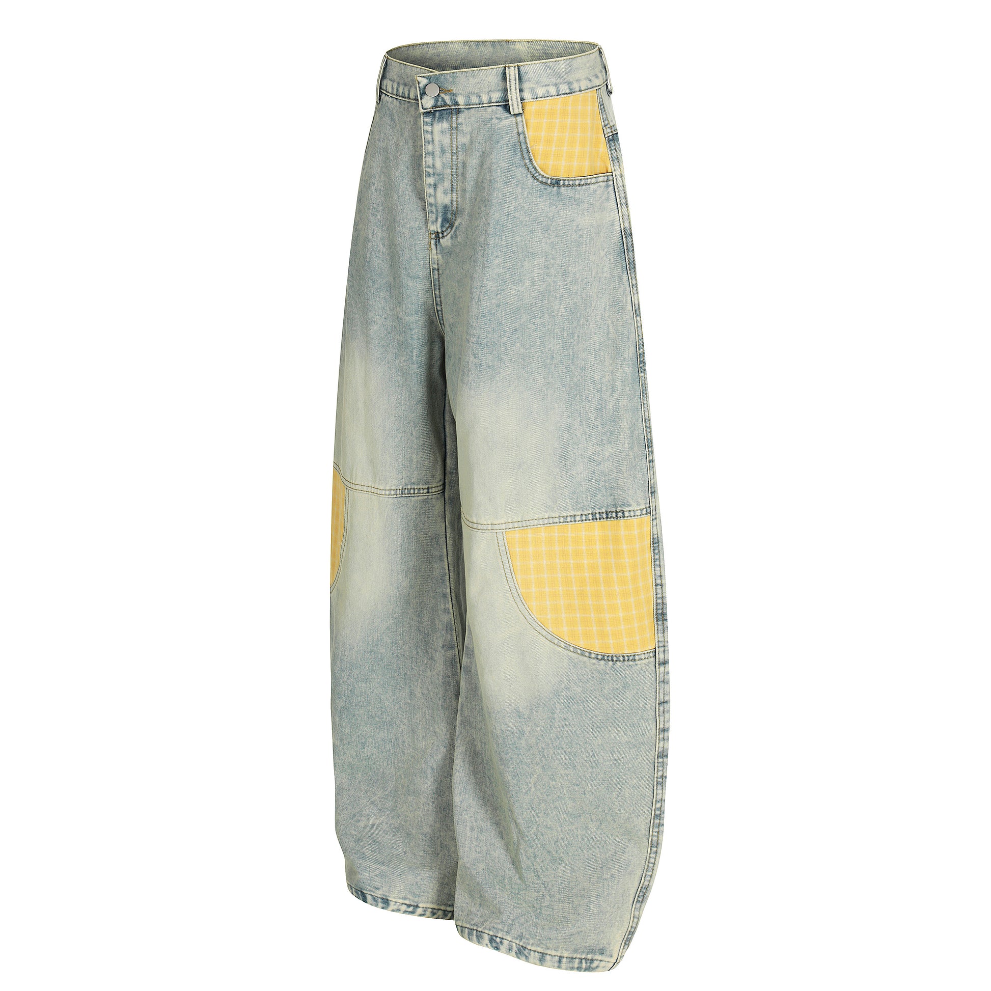 Yellow plaid patchwork wide leg denim jeans - side view
