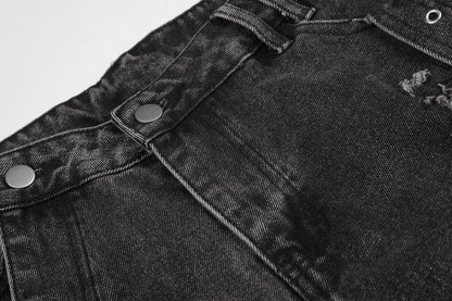 Women's Multi-Pocket Buckle Strap Distressed Denim Shorts High Waist Wide Leg Raw Hem Casual Streetwear Jean Shorts