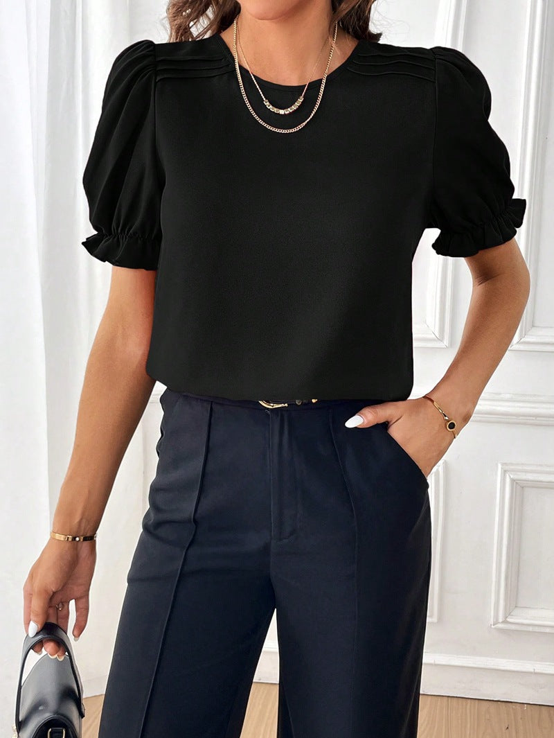 2024 summer new style fashionable temperament pure color round collar shirt top