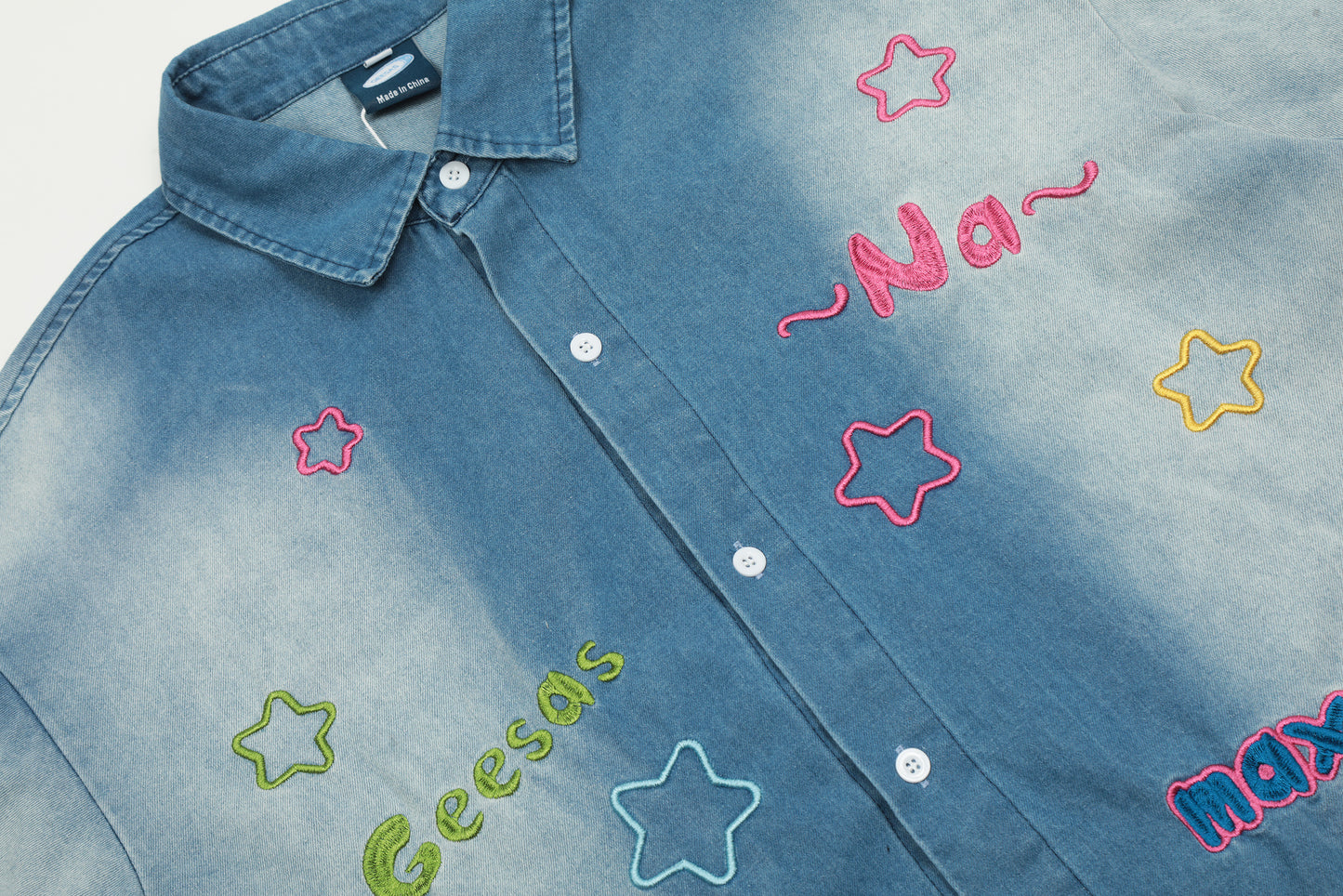 Geesas Na Max Colorful Star Embroidered Washed Denim Short Sleeve Shirt Oversized Button Down Y2K Streetwear Summer Top | Star Na