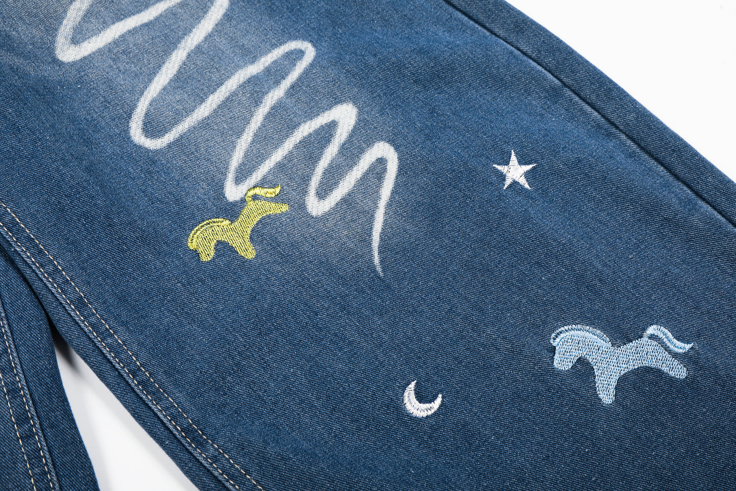 Unicorn Embroidery Wide Leg Denim Jeans High Waist Spiral Print Y2K Streetwear Casual Pants