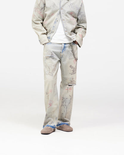 Represent Sketch Allover Print Wide Leg Jeans Heavy Washed Distressed Ripped Raw Hem Straight Denim | Rept Wide