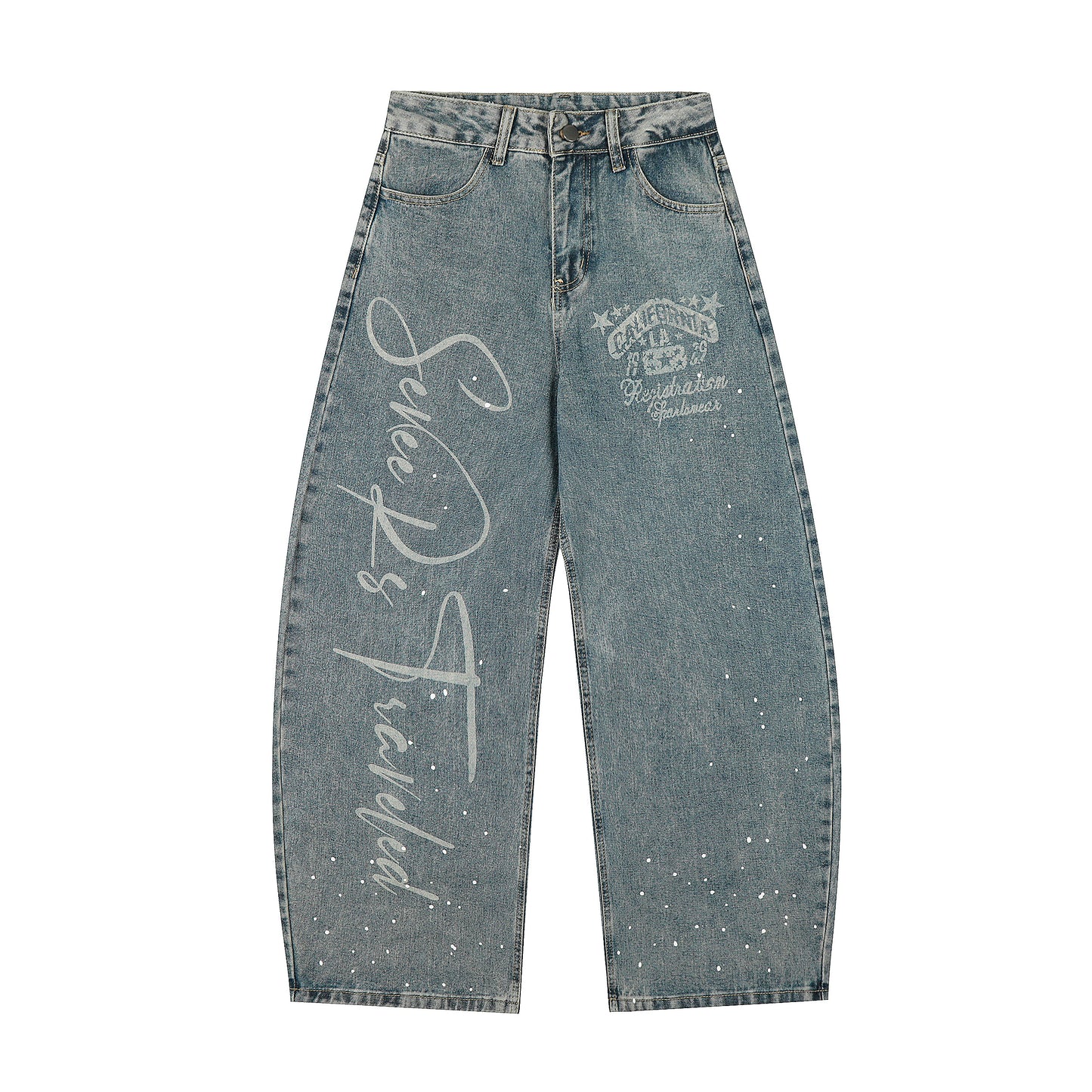 California Script Rhinestone Wide Leg Jeans - Vintage Blue Front