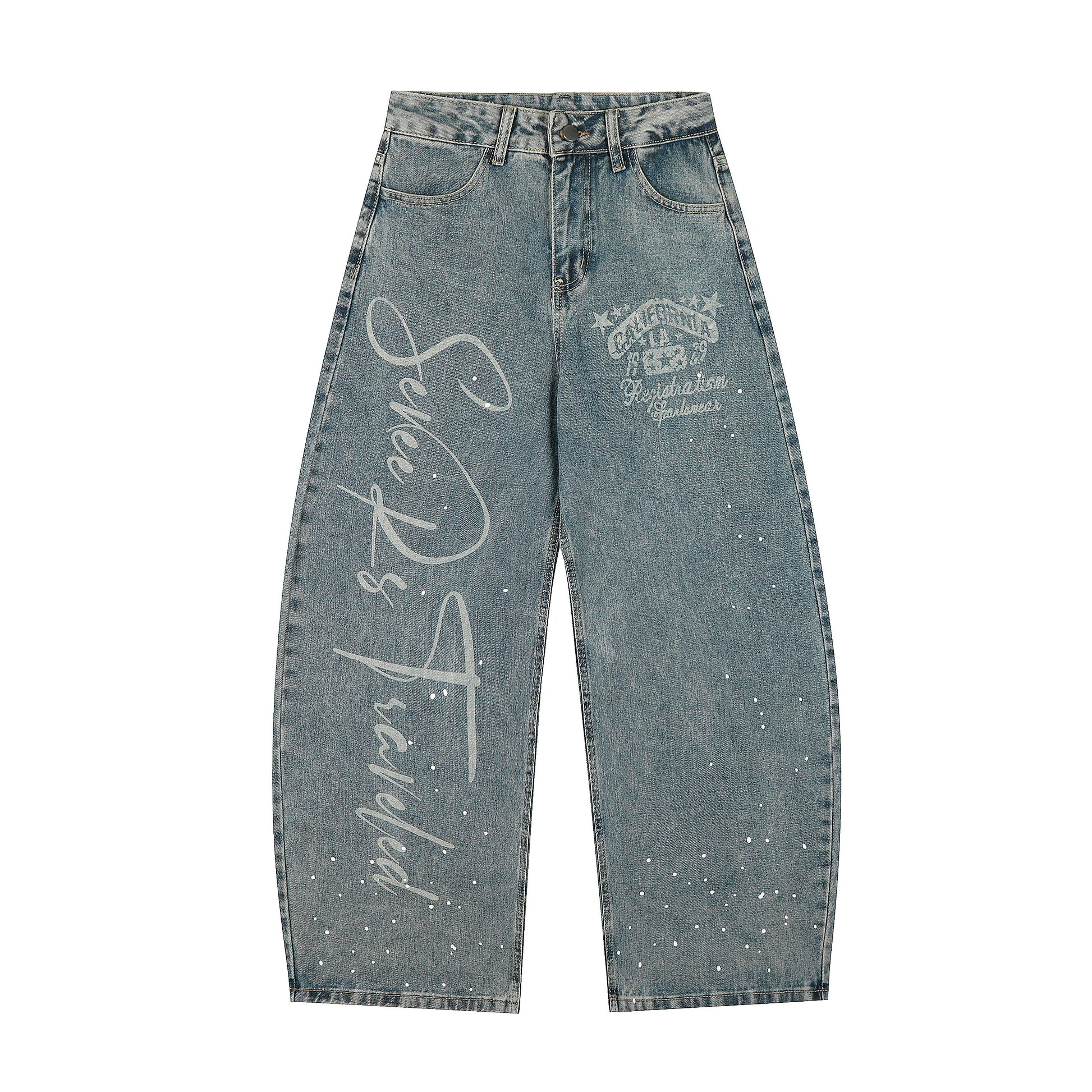 California Script Rhinestone Wide Leg Jeans - Vintage Blue Front