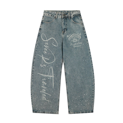 California Script Print Rhinestone Wide Leg Barrel Jeans Vintage Washed High Waist Y2K Streetwear