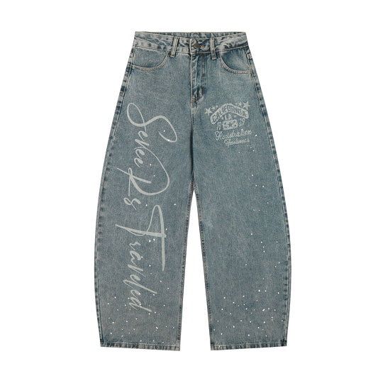 California Script Rhinestone Wide Leg Jeans - Vintage Blue Front