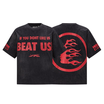 Washed Graphic Print Short Sleeve T-Shirt Flame Face Circle Logo Street Casual Unisex Tee | Red Flame