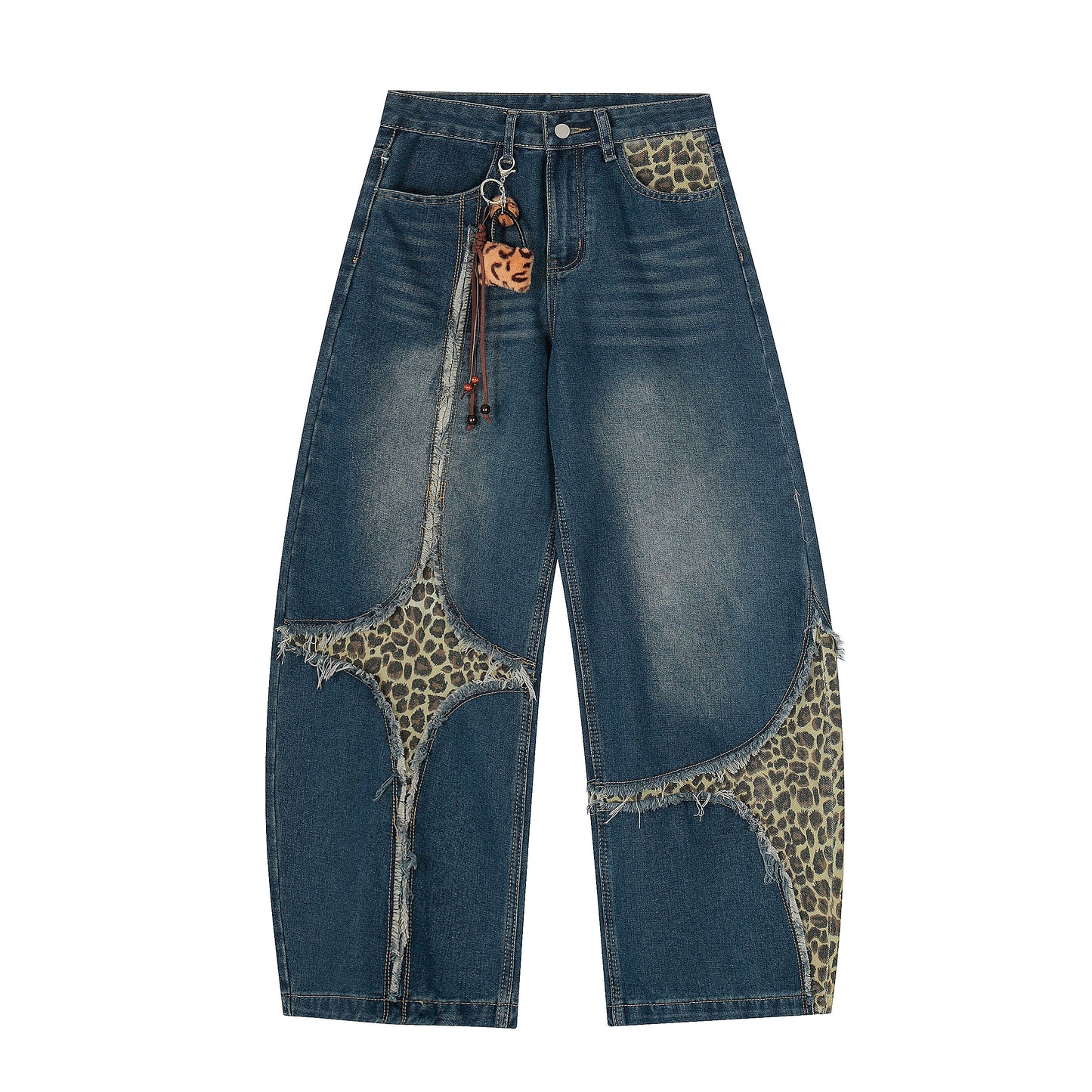Leopard Patchwork Raw Edge Wide Leg Jeans - Blue Front