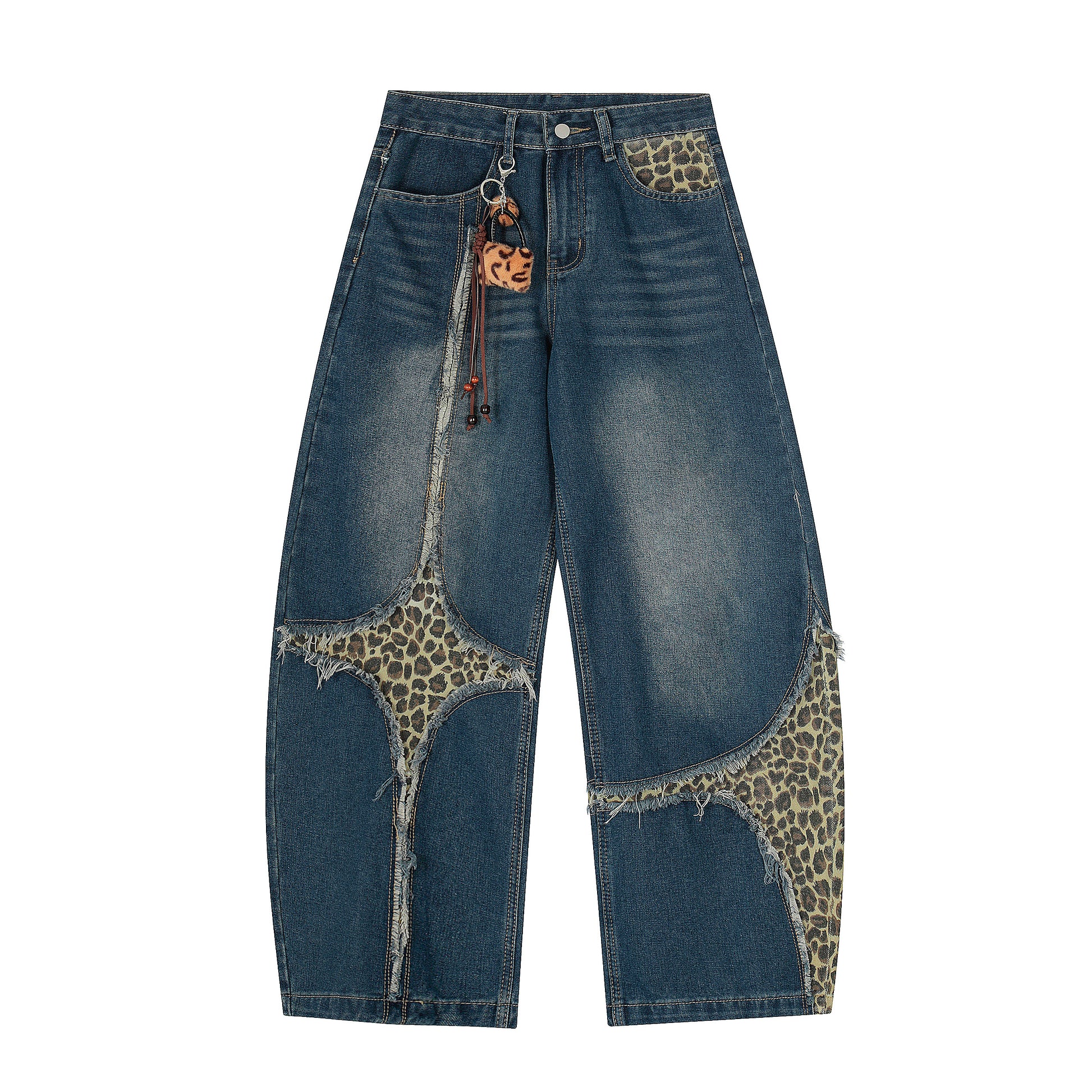 Leopard Patchwork Raw Edge Wide Leg Jeans - Blue Front