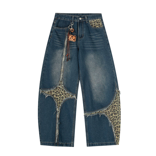 Leopard Patchwork Raw Edge Wide Leg Jeans - Blue Front